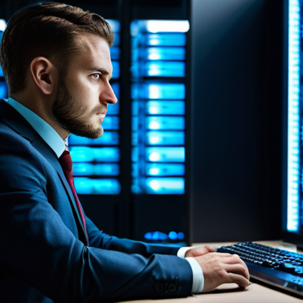 A male cybersecurity professional in a modest business suit, seated at a desk in a modern, subtly lit server room, focused on multiple glowing monitors. His expression is thoughtful and professional, conveying intense concentration. The background features complex server racks and networking equipment. Fully clothed, appropriate attire, professional dress, safe for work, appropriate content, perfect anatomy, correct proportions, natural pose, well-formed hands, proper finger count, natural body proportions, professional photography, high quality, realistic.