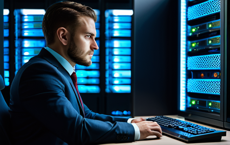 A male cybersecurity professional in a modest business suit, seated at a desk in a modern, subtly lit server room, focused on multiple glowing monitors. His expression is thoughtful and professional, conveying intense concentration. The background features complex server racks and networking equipment. Fully clothed, appropriate attire, professional dress, safe for work, appropriate content, perfect anatomy, correct proportions, natural pose, well-formed hands, proper finger count, natural body proportions, professional photography, high quality, realistic.