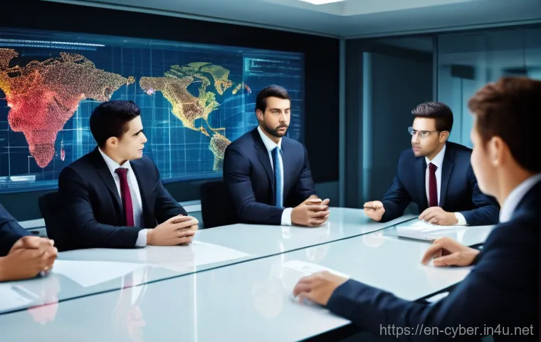실제 사이버 공격 시뮬레이션 연습 - Cyber Crisis Unveiled in the Boardroom**
A wide shot of a brightly lit, modern corporate boardroom. ...