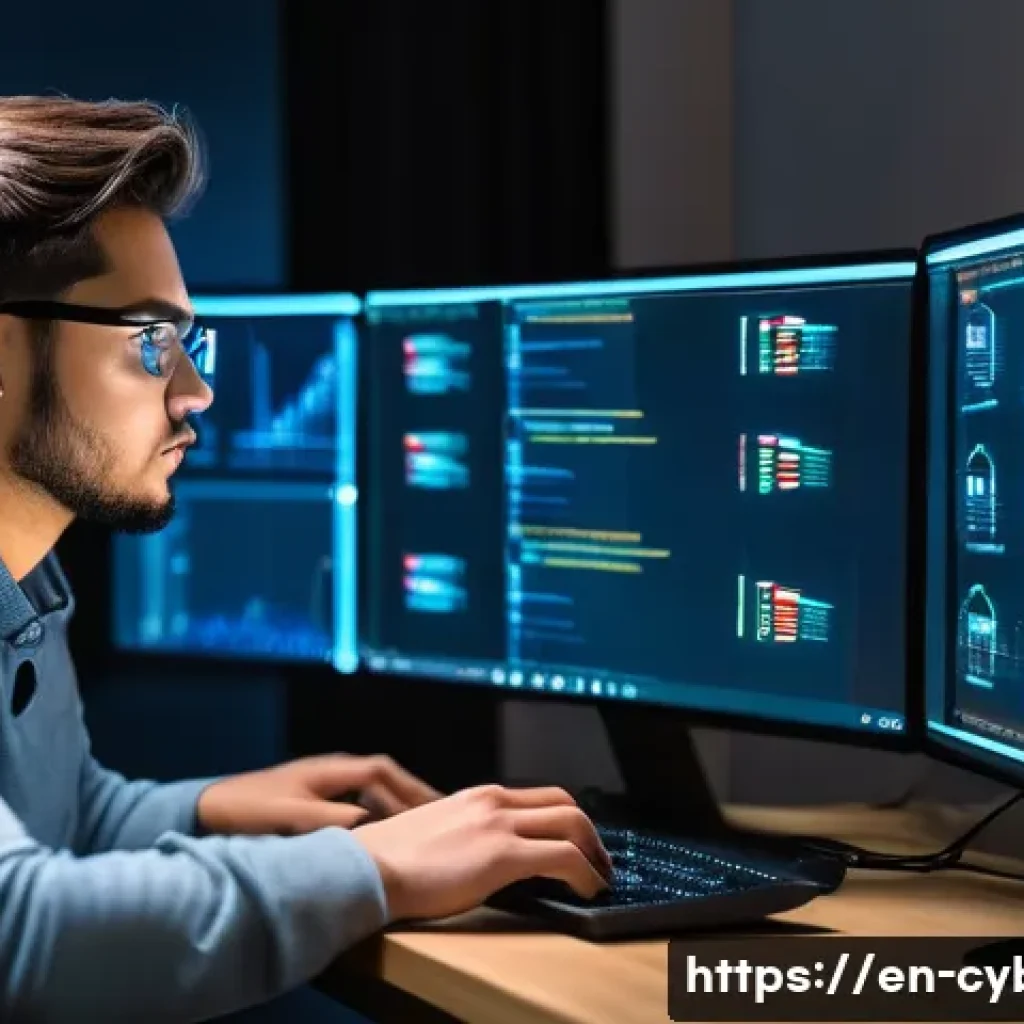 신입 사이버보안 전문가를 위한 조언 - A young cybersecurity professional in a modern home lab environment, focused intently on multiple co...