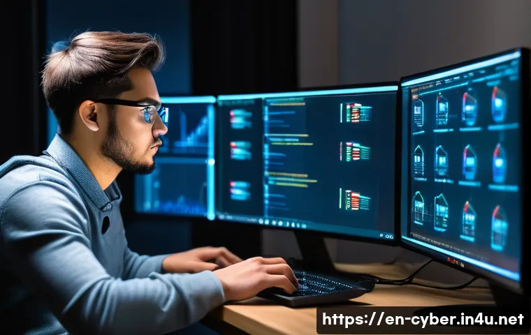 신입 사이버보안 전문가를 위한 조언 - A young cybersecurity professional in a modern home lab environment, focused intently on multiple co...