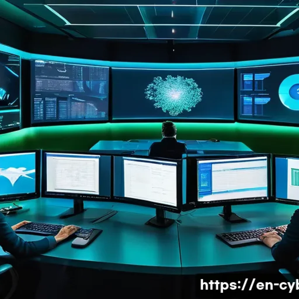 사이버위협 대응 전문가를 위한 실무 가이드 - A high-tech cybersecurity operations center with multiple large digital screens displaying real-time...
