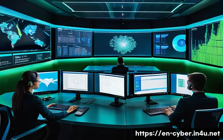 사이버위협 대응 전문가를 위한 실무 가이드 - A high-tech cybersecurity operations center with multiple large digital screens displaying real-time...