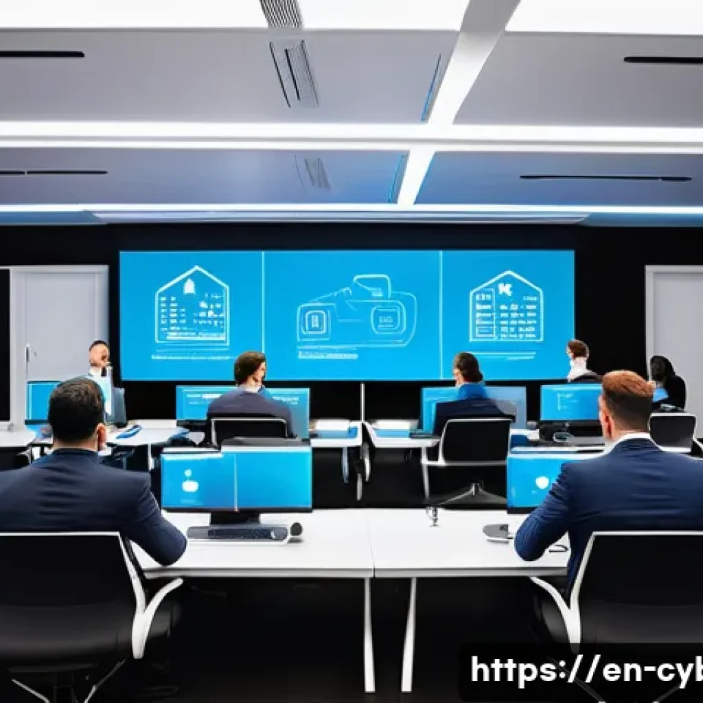 사이버보안 컨퍼런스와 세미나 소개 - A futuristic cybersecurity conference scene showcasing a diverse group of professionals engaged in a...