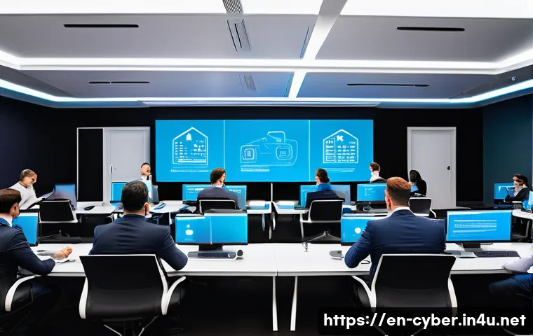 사이버보안 컨퍼런스와 세미나 소개 - A futuristic cybersecurity conference scene showcasing a diverse group of professionals engaged in a...