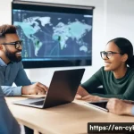 Home 22 사이버보안 분야 이직 성공 사례 - A diverse group of young professionals gathered in a modern coworking space, engaged in a lively cyb...