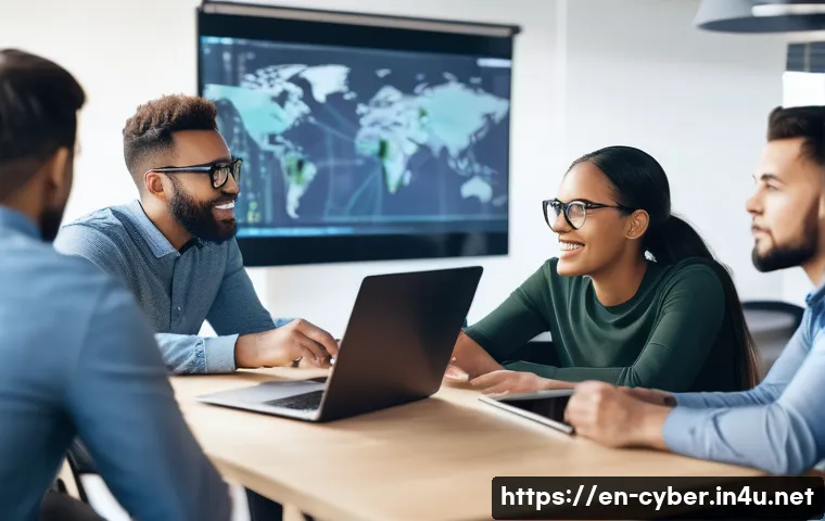 사이버보안 분야 이직 성공 사례 - A diverse group of young professionals gathered in a modern coworking space, engaged in a lively cyb...