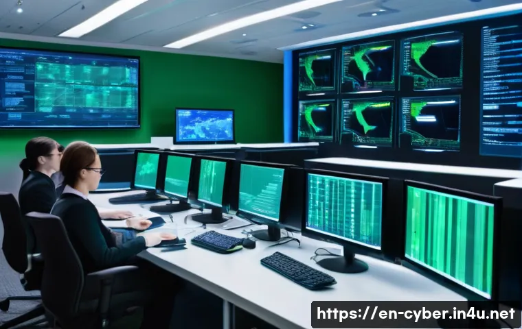 포렌식 분석 기본 이론 - A high-tech digital forensic lab scene featuring a diverse team of analysts examining multiple large...