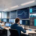 Home 20 사이버보안에서 DevSecOps의 역할 - A modern DevOps team in a bright, open office collaborating around multiple large monitors displayin...