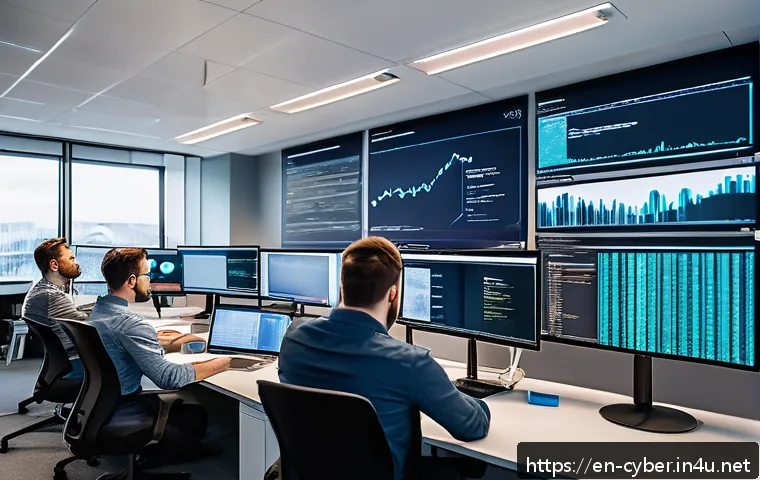 사이버보안에서 DevSecOps의 역할 - A modern DevOps team in a bright, open office collaborating around multiple large monitors displayin...