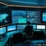 Home 19 취약점 스캐닝 도구 사용법 - A high-tech cybersecurity operations center with multiple large monitors displaying colorful network...