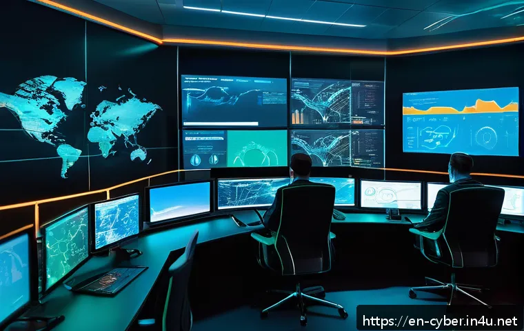 취약점 스캐닝 도구 사용법 - A high-tech cybersecurity operations center with multiple large monitors displaying colorful network...