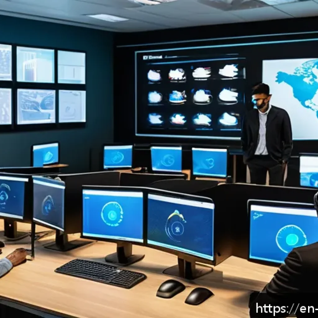 사이버보안 학습 사이트 추천 - A modern cybersecurity training lab scene showing diverse adult learners wearing casual business att...