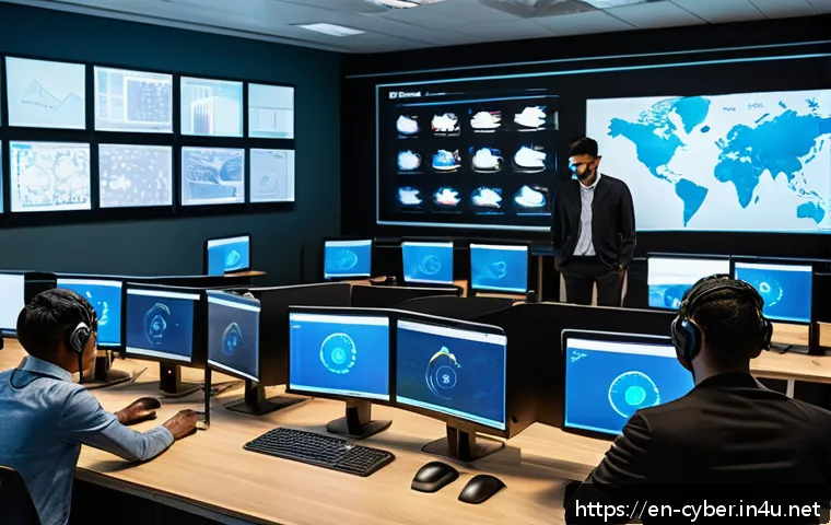 사이버보안 학습 사이트 추천 - A modern cybersecurity training lab scene showing diverse adult learners wearing casual business att...