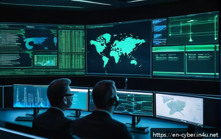 공격자 관점에서의 방어 전략 - A high-tech cybersecurity operations center with diverse professionals analyzing multiple large digi...